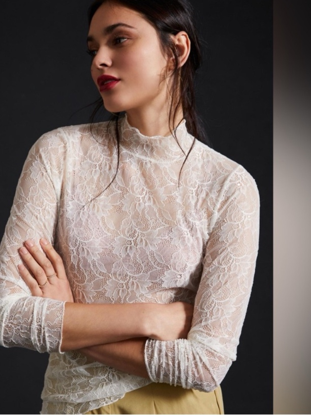 Anthropologie White Lace Layering Turtleneck | Sheer Mock Neck Top | L
